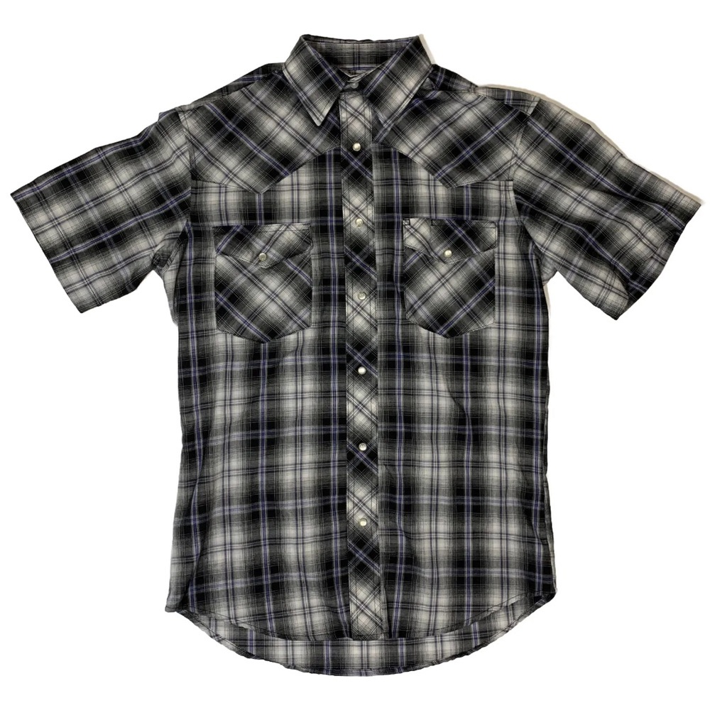Mens Wrangler Western Pearl Snap Short Sleeve Button Up Plaid Black White Purple